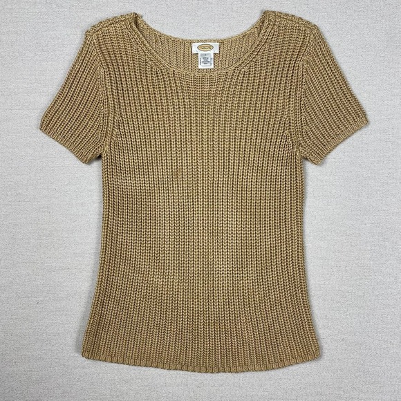 Talbots Sweaters - Vtg Talbots Sweater Womens M 100% Silk Short Sleeve Chunky Gold Metallic Coastal